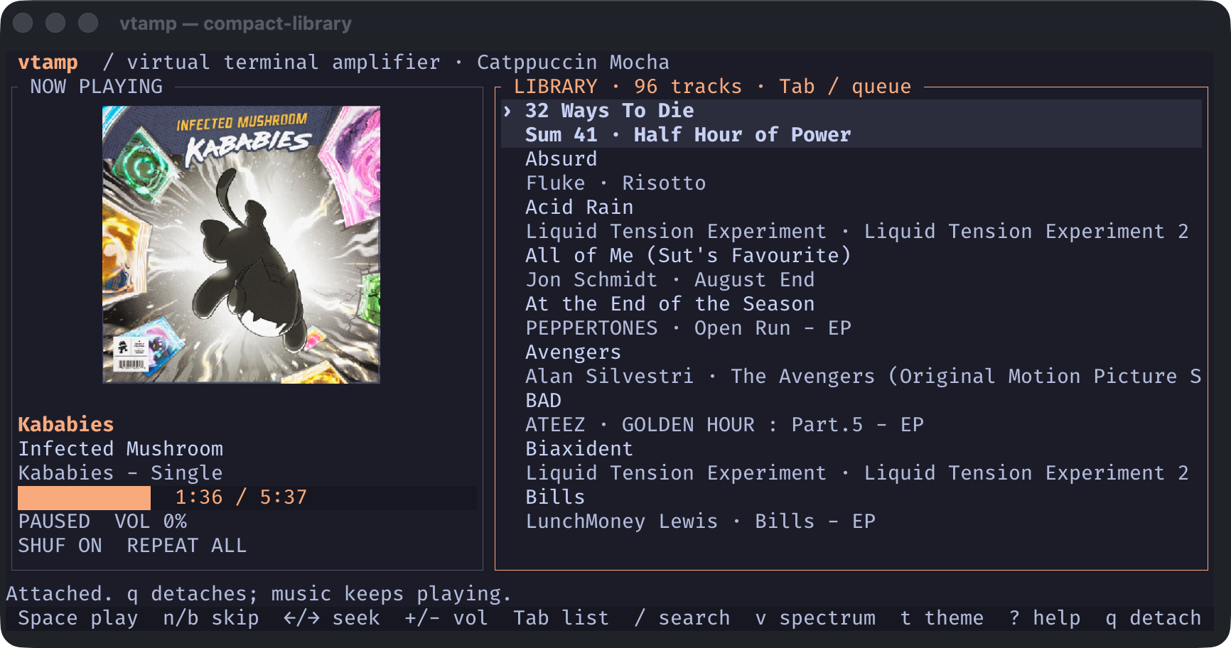 A short terminal pane keeps the high-resolution album cover and current track on the left, with Library browsing on the right.