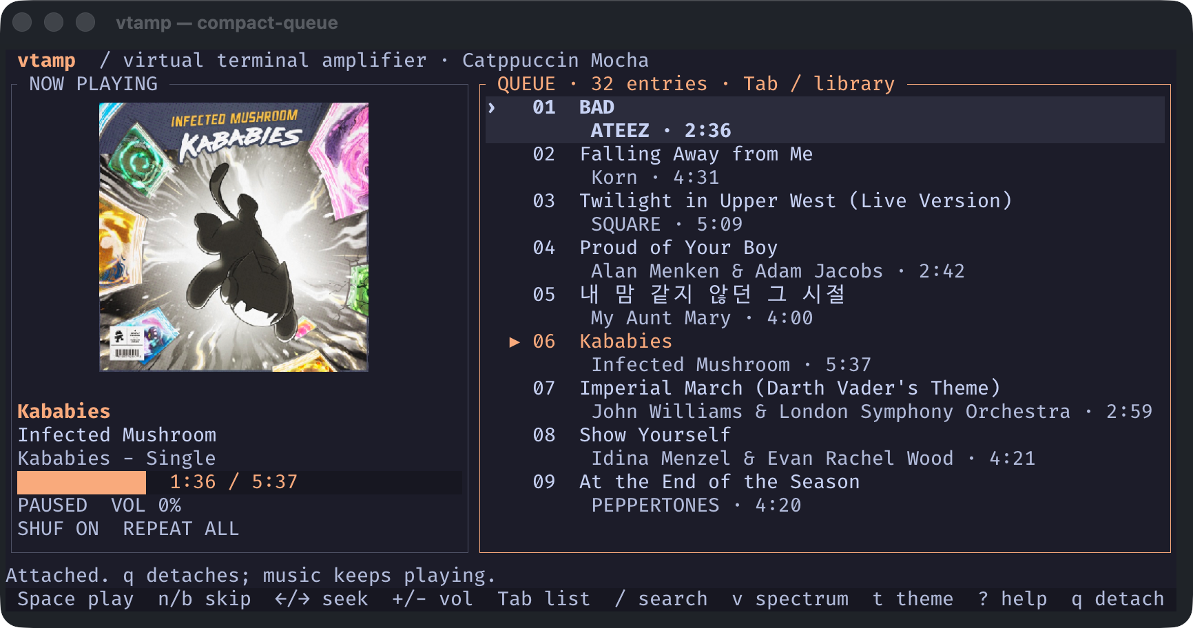 The same short pane with Queue on the right. The album cover and playback information stay visible on the left.